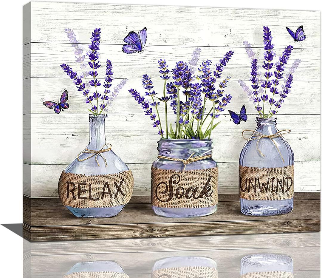 Tijuboni Farmhouse Bathroom Decor Wall Art Rustic Lavender Flower Pictures Canvas Prints Country Relax Soak Unwind Bathroom Sign Purple Butterfly Artwork Modern Home Decor Ready to Hang 16"x20"