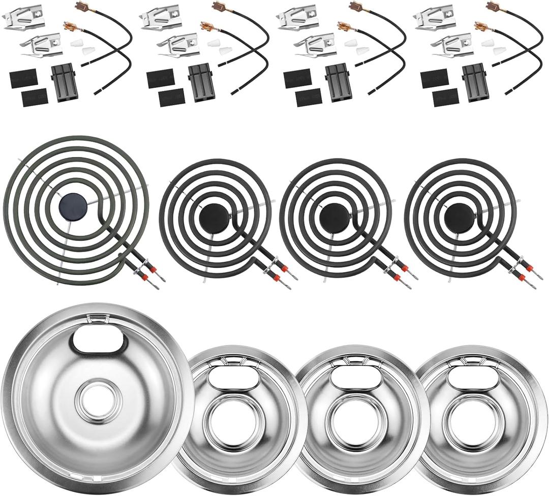 Silver Burner Drip Pans W10196405(8) W10196406(6) Electric Stove Burners MP15YA(6") MP21YA(8")330031 Surface Element Receptacle Compatible for Whirlpool Kenmore Maytag Amana by MIFLUS