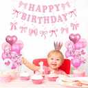 Pink Bow 16th Birthday Decorations for Girls, Sweet Bow Themed Happy Birthday Party Supplies Set Including Happy Birthday Banner, Number 16 Foil Balloons, Sweet Bow Balloons and Hanging Swirls