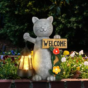 Solar Cat Statue Outdoor Decor-9.4" Welcome Garden with Sculpture Solar Lantern Flowers,Weatherproof Resin Art for Patio, Lawn,Yard Outside, for Women,Grandma,Adults,Kids,Cat Lovers