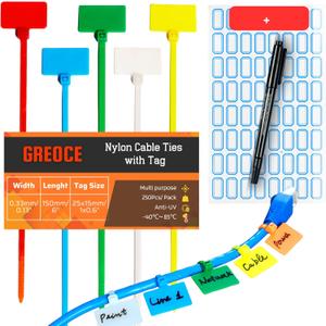 250pcs 6" Zip Tie Tags Self Locking Labels Zip Ties with Label Tags, Cable Ties with Labels, for Organization, Cable Tie Tags with Plastic Waterproof, Label Mark Tag Outdoor (Muti Color)