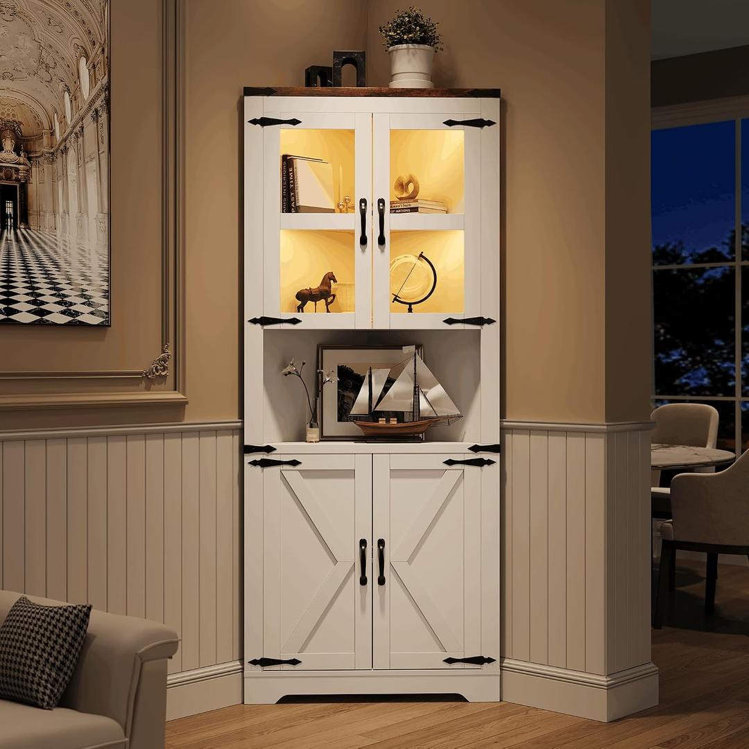 GarveeHome 67 in Tall Corner Storage Cabinet with Lights, Farmhouse Corner Hutch Display Cabinet with Glass Doors, Wooden Storage Organizer for Kitchen, Living Room, Bathroom, White, 18.4 X 26 X 67 Inches