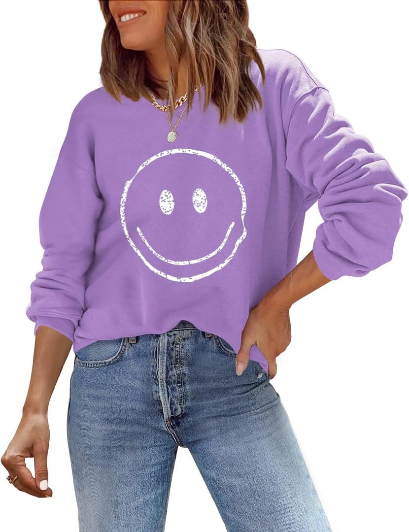 ReachMe Womens Smile Face Sweatshirt Cute Trendy Graphic Sweatshirts Casual Loose Long Sleeve Crewneck Pullover Tops (XXL)