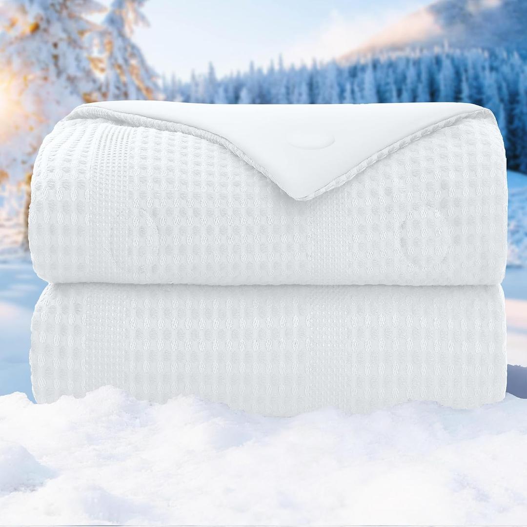Waffle Weave Cooling Comforter King Size, Q-Max 0.45 Reversible Cooling Blanket for Hot Sleepers, Breathable Lightweight Silk Smooth Summer Bedding, Quilted Ice Blanket, White