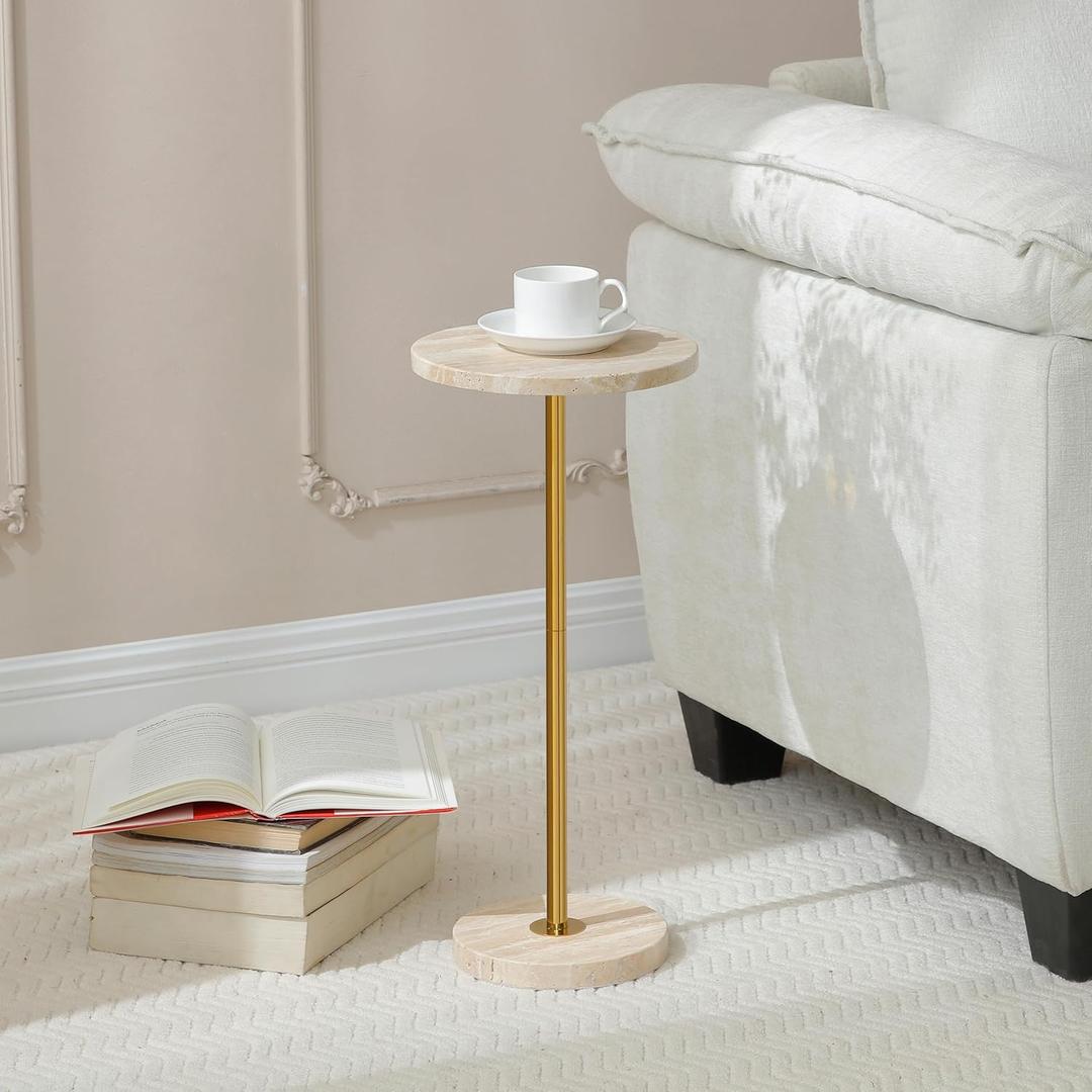 9.8-inch Marble Round Drink Table, Stone Finish Pedestal End Table for Living Room, Weighted Base Small Accent Side Table for Small Space Office - Beige