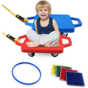 2 Plastic Scooter Boards with Handles for Kids Sitting and Sports Training, with 1 Ring, 2 Ropes and 4 Beanbags, Indoor and Outdoor Play (Red & Blue)