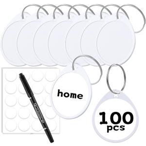 1.57 Inch Plastic Key Tags Round White Item Identifiers with Blank Paper Label Stickers and Pen, Metal Split Ring Tags Ideal for Home,Office and Rental Management Use,100 Pack