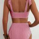 Herseas Women's Tie Shoulder Bikini Sets 2 Piece Striped Swimsuits High Waisted Bathing Suits (Red, L)