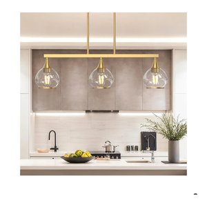 3-Light Gold Kitchen Island Linear Pendant Light, Brushed Gold Dining Room Chandelier with Clear Glass Globe Shades, Modern Linear Island Lighting Fixture Over Table