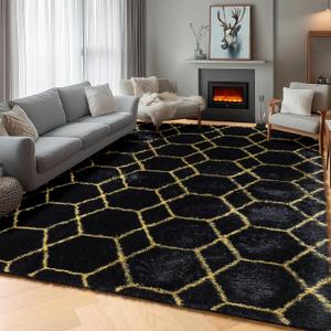 ONASAR 5x7 Area Rugs for Living Room Bedroom, Fluffy Black and Gold Faux Fur Rug, Geometric Boho Soft Plush Shaggy Floor Carpet Mat for Nursery Kids Girls Boys Teen Dorm Home Office Decor