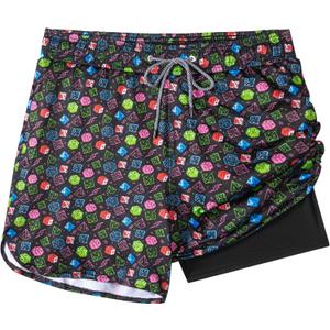 Mens Swim Trunks with Compression Liner, Mens Bathing Suit Mens Swimming Trunks 5.5 inch Inseam Dark Game Dice Board Shorts Swimwear, 4 Way Stretch Beach Shorts Quick Dry with Zipper Pockets, Medium (Black)