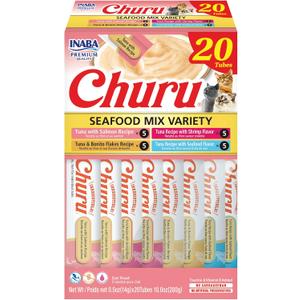 INABA Churu Cat Treats, Lickable, Squeezable Creamy Pure Cat Treat with Green Tea Extract & Taurine, 0.5 Ounces Each Tube, 20 Tubes, Seafood Variety Box (EXP 02/28/26)
