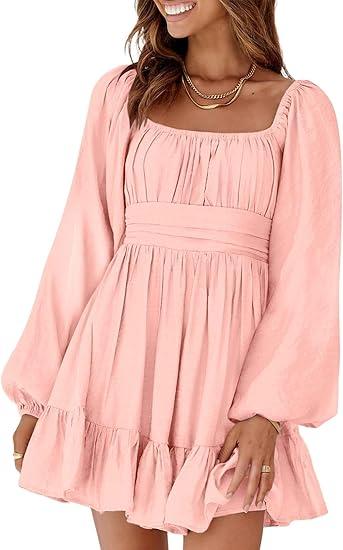 Dokotoo Womens Dress Long Lantern Sleeve Square Neck Tie Backless Sexy Dress Ruffle Elastic Waist A-Line Mini Dress XL Pink Dokotoo Womens Dress Long Lantern Sleeve Square Neck Tie Backless Sexy Dress Ruffle Elastic Waist A-Line Mini Dress XL Pink