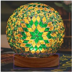Turkish Table lamp (D:4.7" x H:5.2"),Mosaic Glass Lamps with Wooden Base, Bohemian Tiffany Bedside Lamps, USB Power Moroccan Lantern for Living Room Halloween Decorations (Boho - Green, Boho)