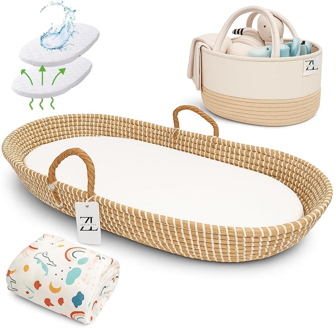 ZEAL'N LIFE Baby Changing Basket Set, 100% Natural Seagrass Artisan Crafted | Set of 4 Pieces Unisex Moses Basket With Diaper Caddy, Towel, Portable Changing Pad & Dual Layer Waterproof Cover
