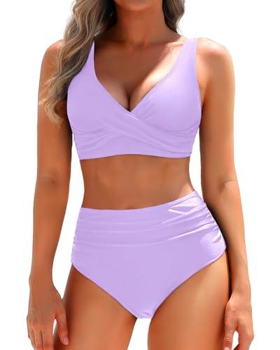 Yonique Women's Two Piece High Waisted Bikini Set Tummy Control Swimsuit Full Coverage Bathing Suit Light Purple Medium