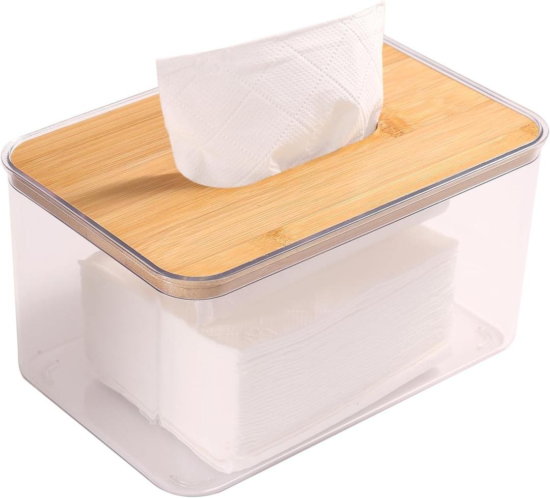 Acrylic Tissue Box Cover, Bamboo Dryer Sheet Holder, Wooden Rectangular Dryer Sheet Dispenser for Storage on Bathroom Vanity, Countertop, Bedroom Dresser (Medium(7.2x4.8x3.9''), Natural)
