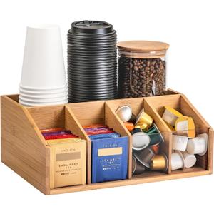 Bamboo Coffee Station Organizer for Countertop, Coffee Bar Accessories Organizer with 5 Compartments for Tea Bags Condiment, Pods, Creamer, Syrup, Cups