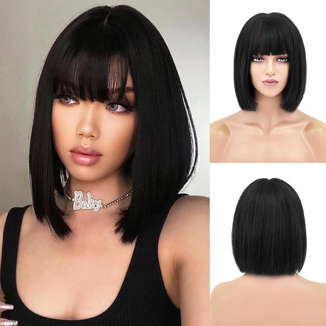 NAYOO Black Wig with Bangs - 12 Inch Short Bob Wig, Super Soft Straight Hair, Natural Look, Perfect for Daily Use, Cosplay, Halloween