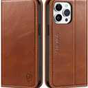 SHIELDON Case for iPhone 15 Pro Max 6.7", Genuine Leather Wallet Flip Magnetic Cover RFID Blocking Credit Card Holder Kickstand TPU Shockproof Case Compatible with iPhone 15 Pro Max 5G - Retro Brown