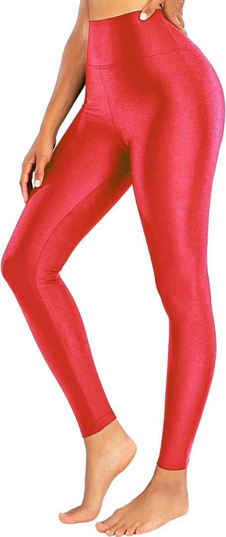 Sghenr Women's High Waisted Yoga Pants Tummy Control Shiny Sports Tights Workout Leggings (Red, Small)