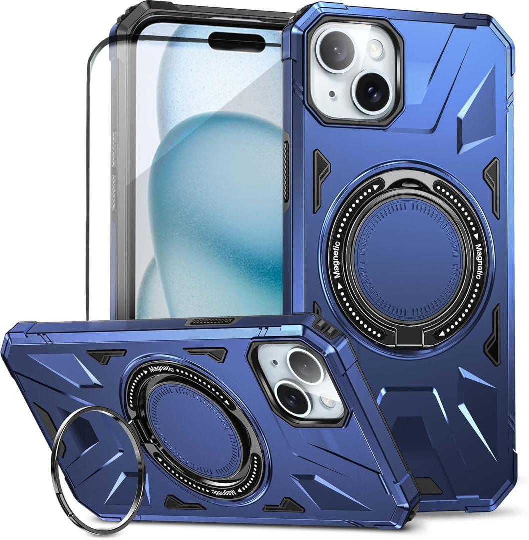 Compatible with iPhone 15 Case, with 1X HD Screen Protector, Compatible with MagSafe, 360Rotatable Invisible Ring for Magnetic Car Mount, Rugged Drop Protection for iPhone case (Navy Blue)