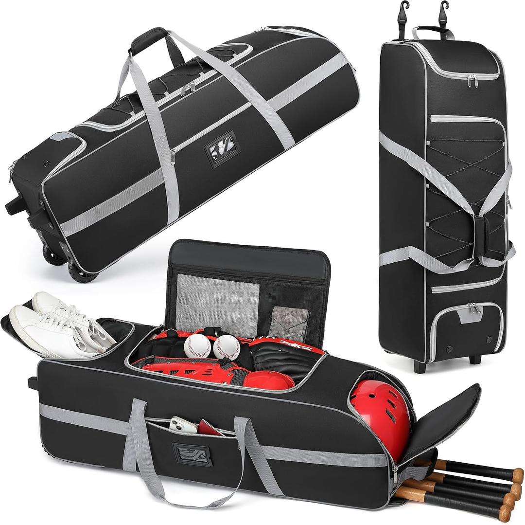 Large Catcher Gear Bag With Wheels, Soft Rolling Baseball Bag for 4 Bats, Portable Baseball Catcher Bag With Wheels, Multi-Pockets, Fence Hook, Holds All Softball Baseball Equipment (99*30*30cm)
