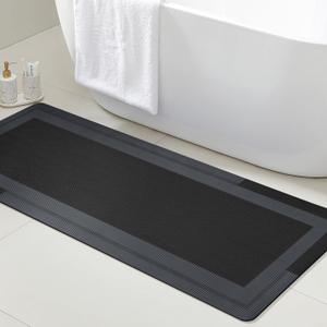 ACCUMTEK Ultra Thin Bath Mat, Upgrade Backing Non Slip Thin Bath Mats Fit Under Door, Quick Dry Ultra Absorbent Bathroom Rugs, Machine Washable Bath Rugs for Bathroom, Bathtub, Black/Bordered/59 x20 (1'8" x 4'11" (Rectangular))