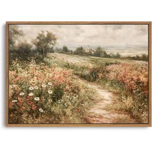OIQArtOIQ Framed Canvas Wall Art,Vintage Decor,Landscape Nature Country Wildflower Paintings Farmhouse Pictures Modern Artwork Rustic Fall Flower Prints Cottagecore Office Living Room Bedroom Bathroom (16x24 in)