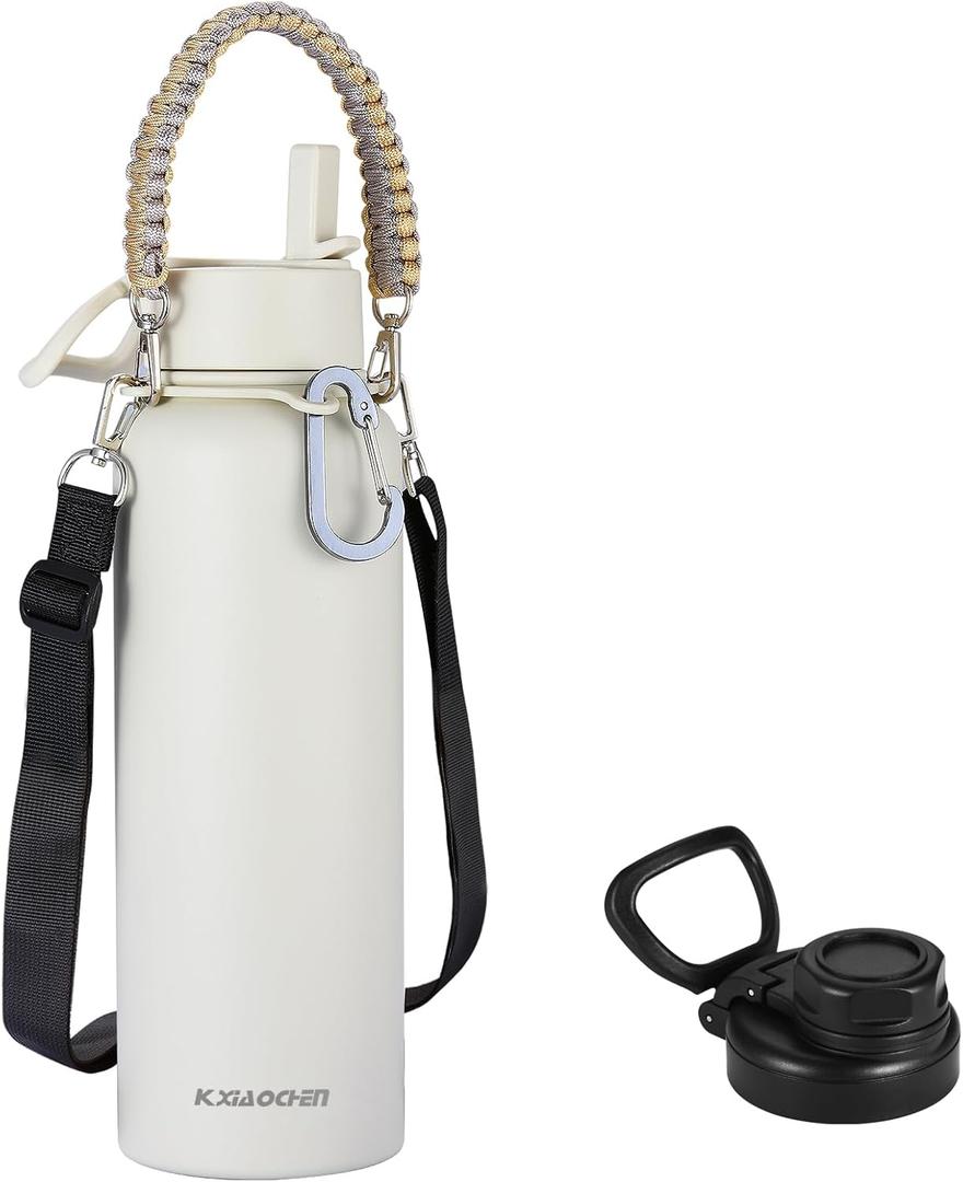 KXIAOCHEN Insulated Water Bottle, Stainless Steel Water Bottle, 2 Lids (Straw and Handle Lid),Wide Mouth Metal Water Bottles Keep Hot and Cold, Double Walled, Thermo Mug, Metal Canteen (40 Ounces, Cream)