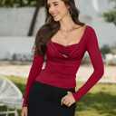 CSDAJIO Women's Sexy Draped Cowl Neck Long Sleeve Cut Out T Shirt Low Cut Fitted Top Ruched Going Out Shirts (L)