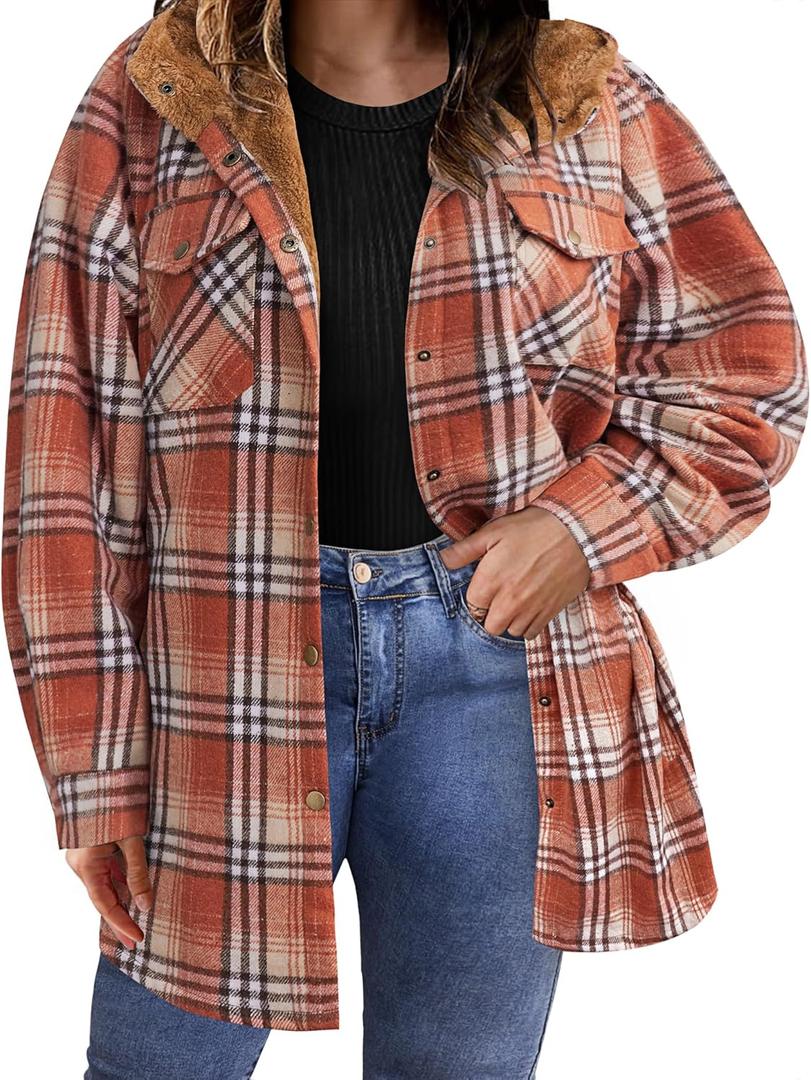 IN'VOLAND Plus Size Women Flannel Plaid Shacket Jacket Long Sleeve Button Down Fleece Hooded Jackets Fall Winter Coat (Gz688)