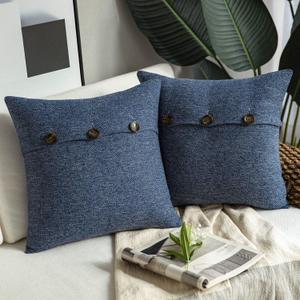 Phantoscope Farmhouse Geometric-Pattern Triple Button Vintage Linen Decorative Pillow Cover for Couch Bed and Chair Navy Blue, 22 x 22 inches 55 x 55 cm, Pack of 2
