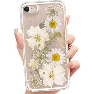 Abbery for iPhone SE Case 3rd/2nd/2020, iPhone 8/7 Case Clear Floral Pattern Cute Design Glitter&Sparkle Real Dried Pressed White Flower Slim&Thin Soft TPU Protective Women Girl's Phone Cover