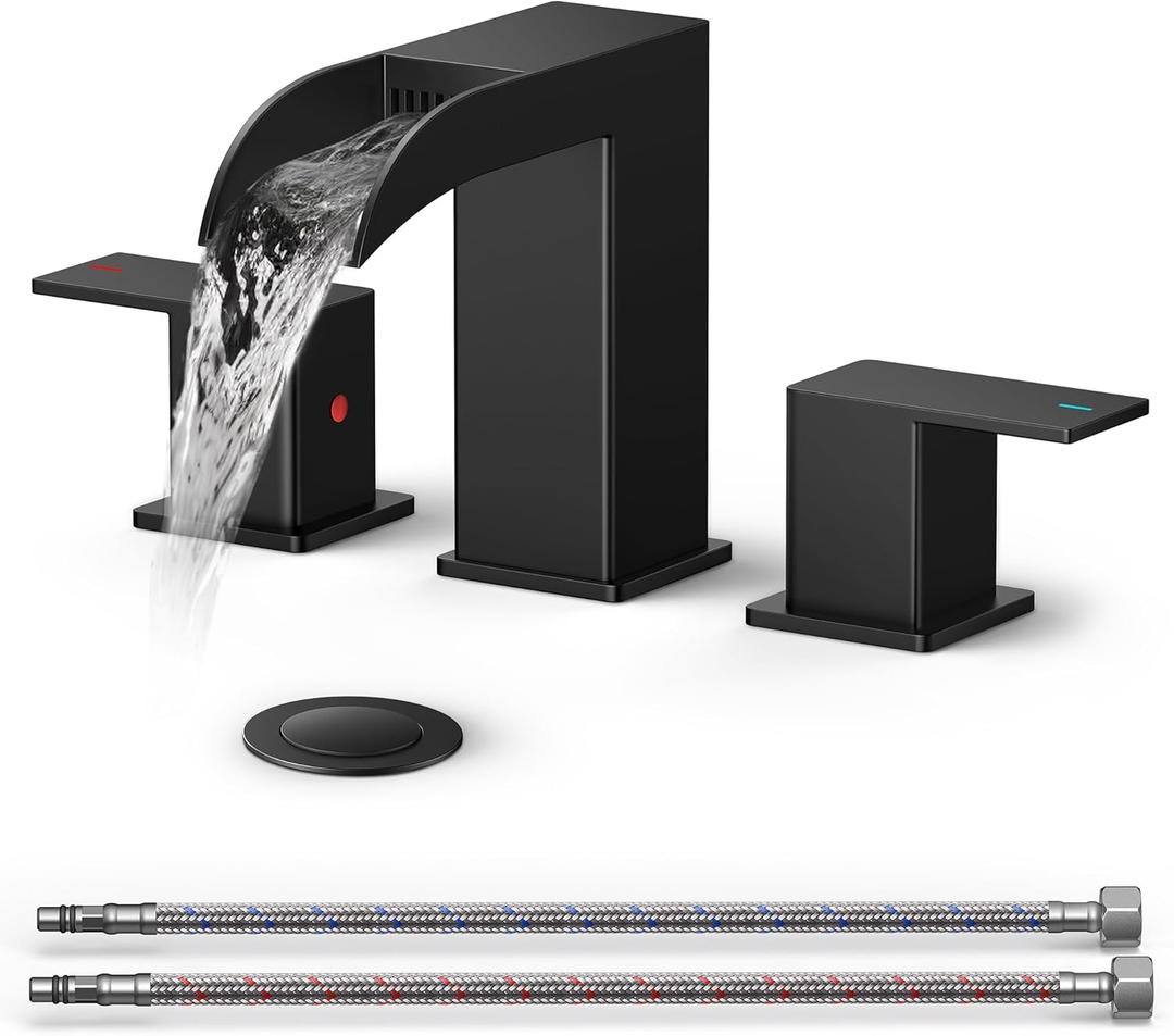 QFN Matte Black Bathroom Sink Faucet 3 Hole, 8 Inch Widespread Square Bathroom Faucet with Metal Pop-up Drain and 24" CUPC Supply Line, Lead-Free 2 Handles for Vanity, Restroom, Lavatory and Mall