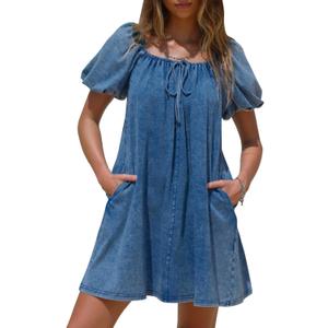 EXLURA Womens Summer Denim Short Puff Sleeve Dresses Knit Loose Plus Size Short Mini Dress 2025 Trendy Outfit (Large, Blue)