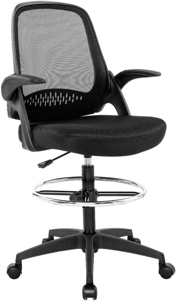 Drafting Chair Tall Office Chair Standing Desk Chair Mesh Computer Chair Adjustable Height with Lumbar Support Flip Up Arms Swivel Rolling Executive Chair,Black  (22L*24W*49H)