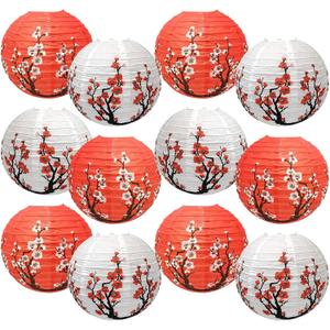 12 Pcs Chinese Lantern Decorations, 12 Inch Plum Blossom Paper Lanterns, for Party Asia Home Restaurant Wedding Decor (White+Red)