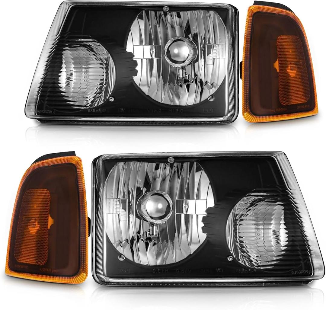 for 2001-2011 Ford Ranger Headlights Assembly Compatible with 2001 2002 2003 2004 2005 2006 2007 2008 2009 2010 2011 Black Housing Amber Reflector Replacement Driver & Passenger Side