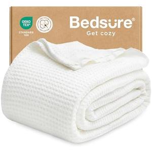 Bedsure 100% Cotton Blanket Twin XL Size for College Dorm - Breathable and Soft, Waffle Weave Twin Blanket for Summer, Dorm Room Essentials, White, 66x90 inches
