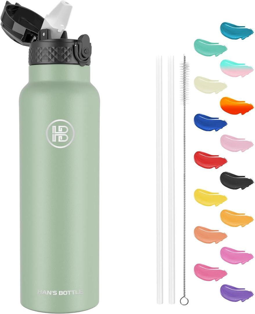 Han's Bottle Sports Water Bottle - 24 Oz, Straw Lid, Leak Proof, Vacuum Insulated Stainless Steel, Double Walled, Thermo Mug,Pine Green