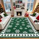 Christmas Area Rug 9x12 Chrtistmas Tree and Snowflakes Machine Washable Rug Holiday Decorative Bordered Floor Cover Non Slip Stain Resistant Carpet Rug for Living Room Bedroom, Green