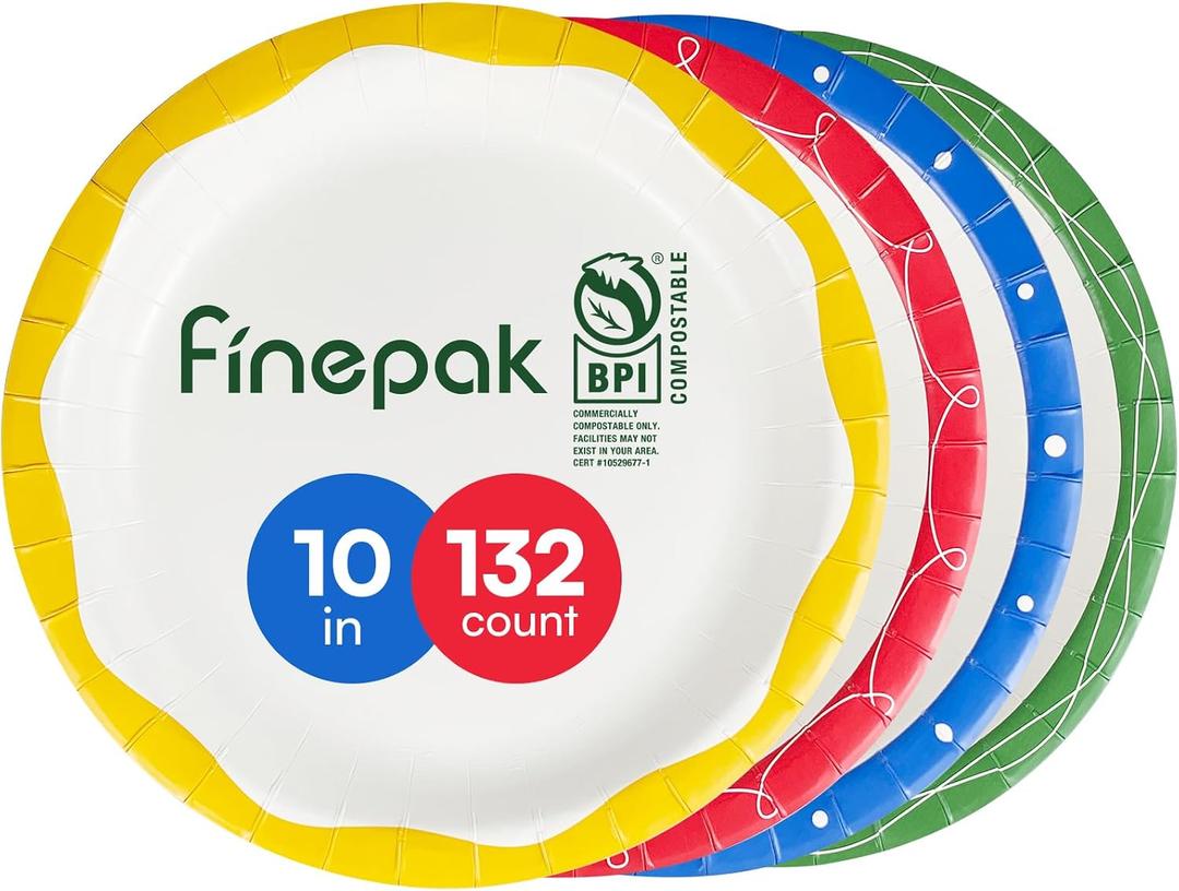 Paper Plates 10 Inch,132PCS Paper Plates Bulk with 4 Type of Printed Rims, Heavy Duty & Disposable Plate for Family Gatherings,BBQ,Graduation/Retirement Party, Birthday, Wedding