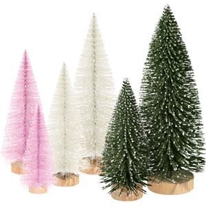 6pcs Mini Christmas Trees Christmas Decor, Artificial Christmas Mini Bottle Brush Trees Tabletop, Christmas Decoration Trees with 4 Size Xmas Holiday Decor (6pcs Green+Pink+Beige)