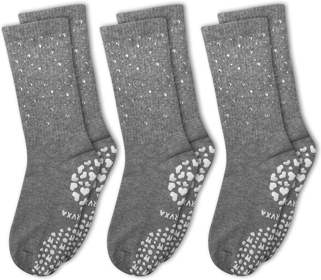 3 Pairs Cute Pilates Grip Socks for Women Bling Glitter Rhinestone Crew Non Slip Grip Socks for Yoga, Barre,Barefoot (A01-1 3 Pairs Gray(round Rhinestones))