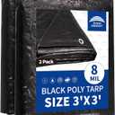 RAINDEWAY Small Black Tarp 3x3 Feet (2 Pack),UV Resistant, Multipurpose Medium Duty Waterproof Poly Tarps, Tent Tarp,Cover with Metal Grommets and Reinforced Edges, Finished Size
