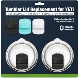 20 oz Tumbler Lids,Magnetic Tumbler Lid Replacement for YETI,BPA Free 2 Pack Black Tumbler Lids & 3 Pack Magnetic Slider
