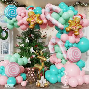 Pastel Christmas Balloon Arch Garland Kit, 147Pcs Pink Green Blue Balloons and Gingerbread Man Candy Foil Balloons for Christmas Candyland Holiday New Year Birthday Party Decorations