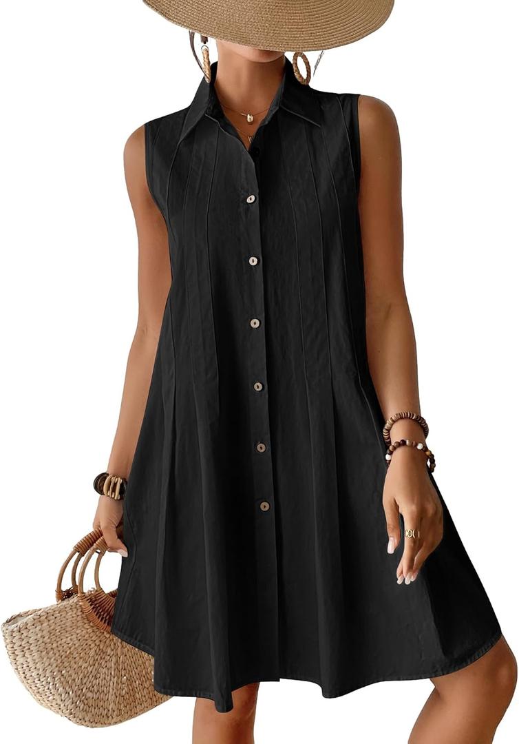 Bsubseach Cotton Beach Cover Up for Women Button Down Sleeveless Shirt Dress Swimsuit Coverup 2026 Summer Mini Dresses (Medium, Black)