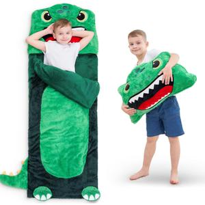 iPlay, iLearn Kids Dinosaur Sleeping Bag, Toddler Boys Dinos Nap Mat, Plush Animal Slumber Bag, 2 In 1 Daycare Preschool Kindergarten Birthday Gift Travel Sleepover for 3 4 5 6 7 8 10 12 Yr Child Teen